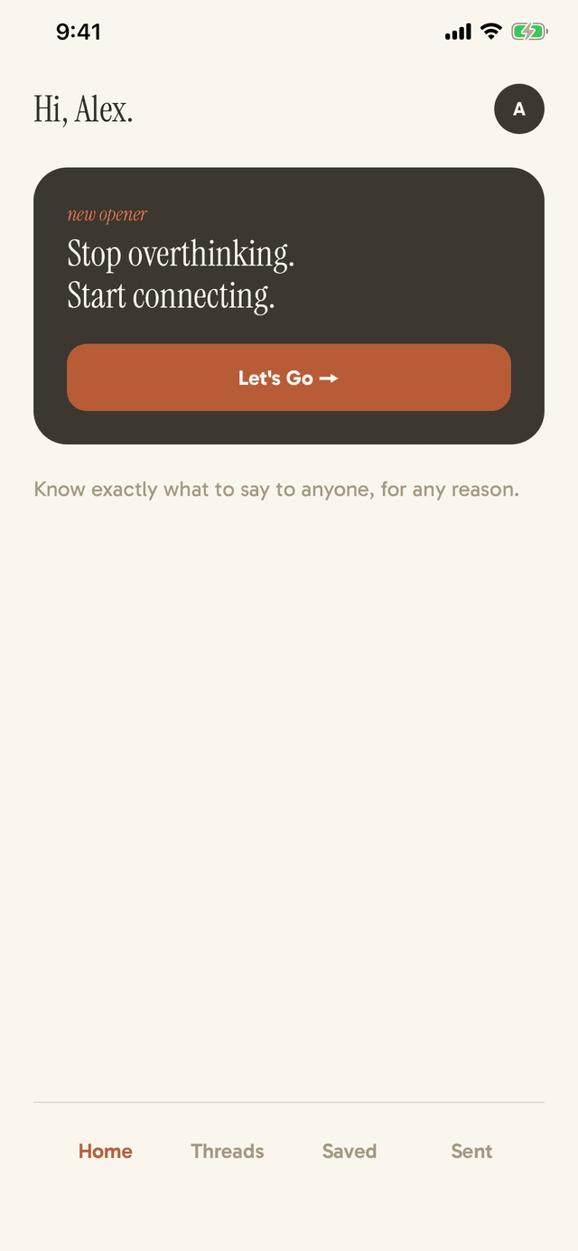 The Quipp home screen on iPhone, with a saved contact and a new opener ready to start.