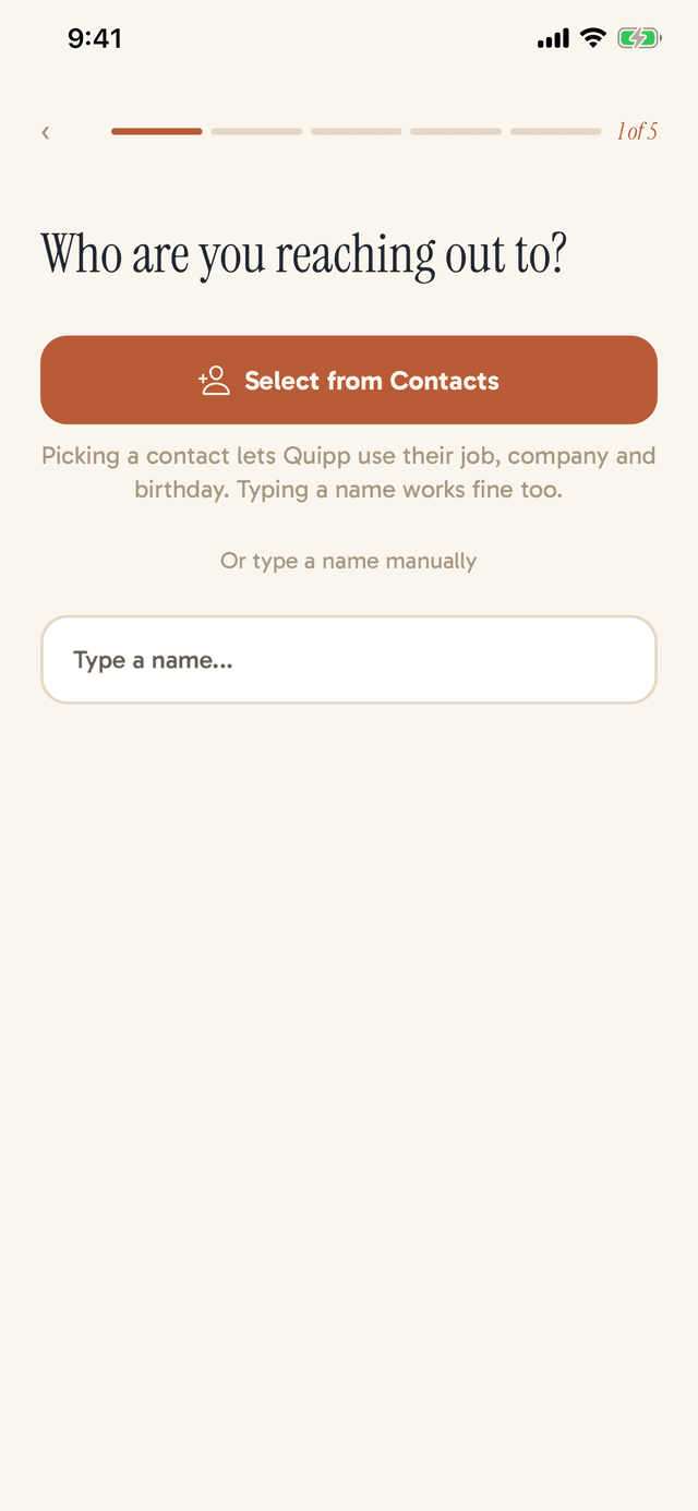 The Quipp opener wizard on iPhone, partway through the four questions.